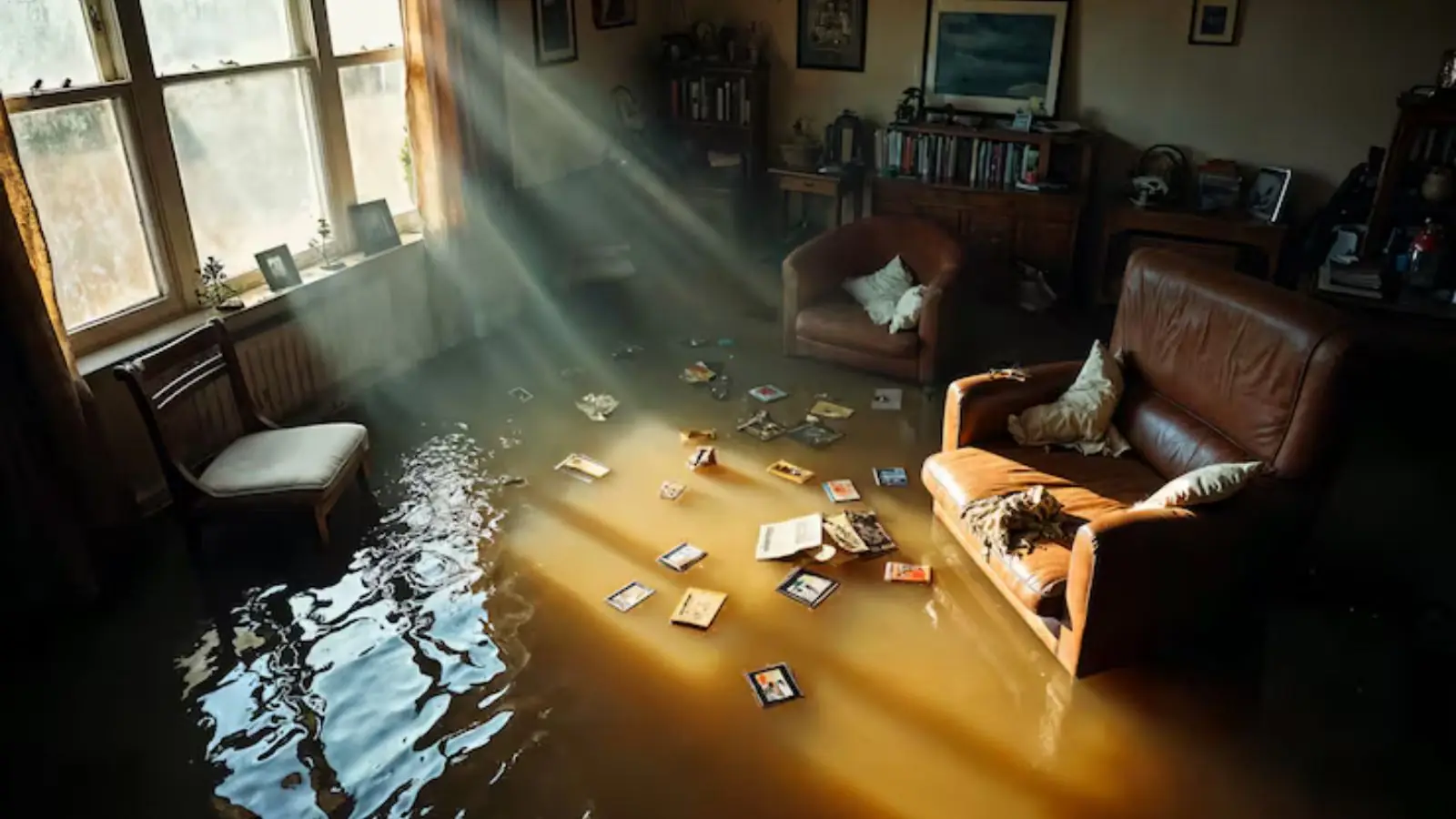 Living room flooded with standing water and scattered belongings as sunlight streams through the windows